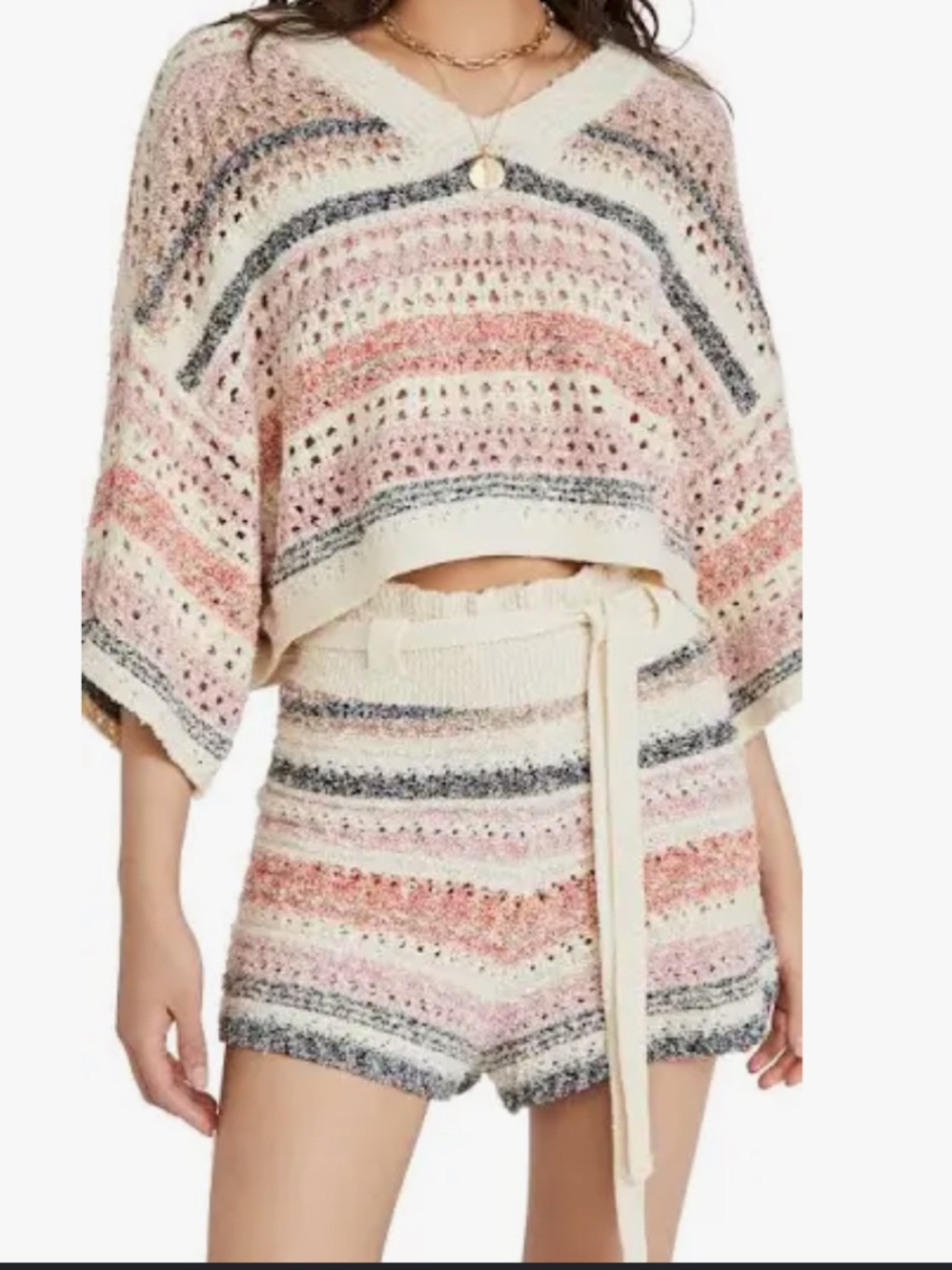 Free People Striped Knit Two-Piece Set in Cream, Pink & Gray